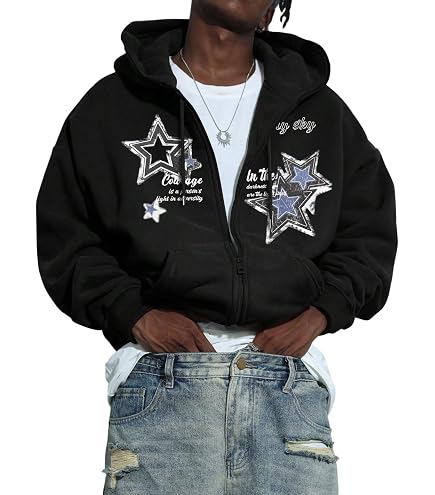 IQWVP Men's Zip Up Jacket Star Graphic Hoodies Y2K Oversized